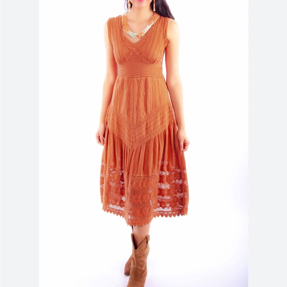 Elegant Lace Trimmed Dress in Rust Orange